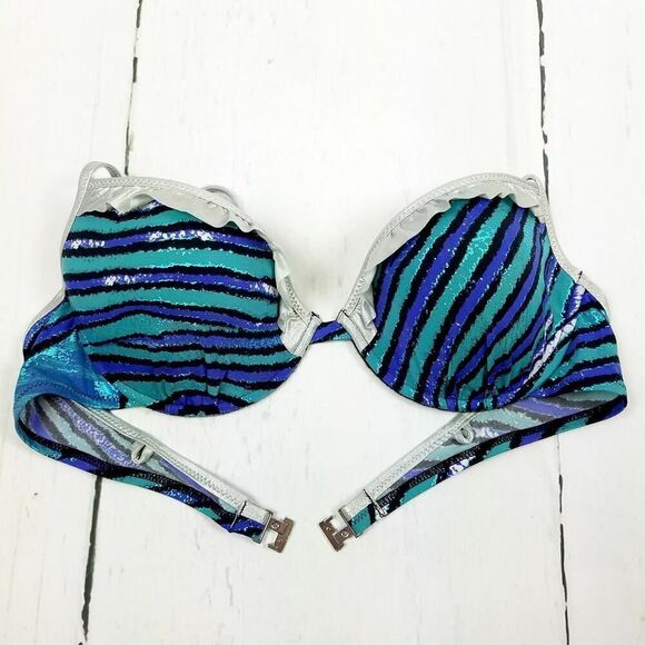 New Just Cavalli Women XS Bikini Two Piece Swimsuit Blue Silver Striped Push-Up - Picture 5 of 15